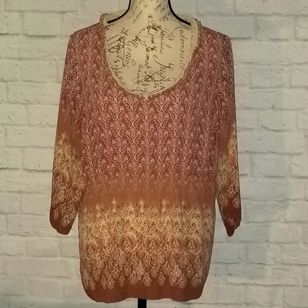 AXCESS by LIZ CLAIBORNE Mauve Boho V-NECK 3/4 LONG SLEEVE BLOUSE, 1X
